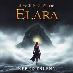 A captivating book cover featuring a dark and misty island in the background, enveloped in fog and surrounded by a turbulent, crashing ocean