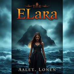 A captivating book cover featuring a dark and misty island in the background, enveloped in fog and surrounded by a turbulent, crashing ocean