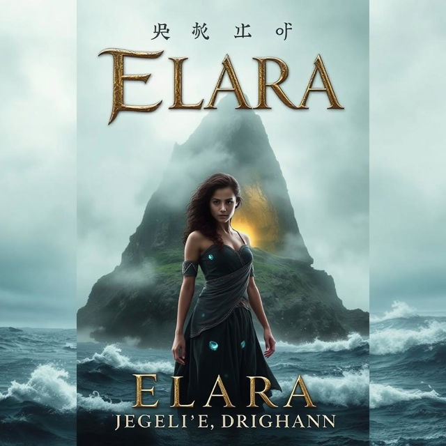 A captivating book cover featuring a dark and misty island in the background, enveloped in fog and surrounded by a turbulent, crashing ocean