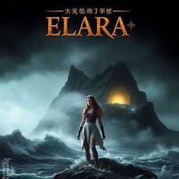 A captivating book cover featuring a dark and misty island in the background, enveloped in fog and surrounded by a turbulent, crashing ocean