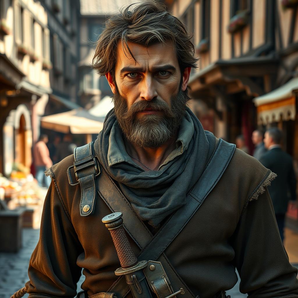A 35-year-old male picaro in a medieval fantasy setting