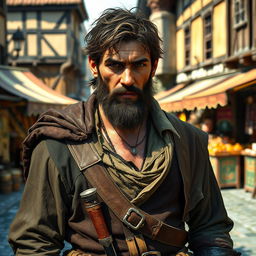A 35-year-old male picaro in a medieval fantasy setting