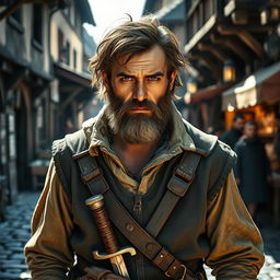 A 35-year-old male picaro in a medieval fantasy setting