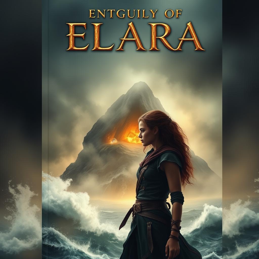 A visually striking book cover featuring a dark and misty island in the background, enveloped in swirling fog and surrounded by a turbulent, crashing ocean