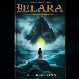 A visually striking book cover featuring a dark and misty island in the background, enveloped in swirling fog and surrounded by a turbulent, crashing ocean