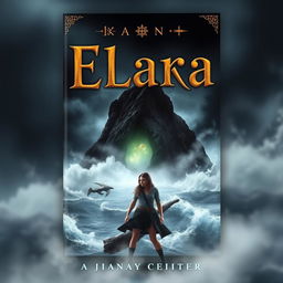 A visually striking book cover featuring a dark and misty island in the background, enveloped in swirling fog and surrounded by a turbulent, crashing ocean