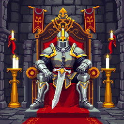 A pixel art depiction of a knight sitting majestically on a grand throne inside a medieval castle