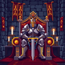 A pixel art depiction of a knight sitting majestically on a grand throne inside a medieval castle