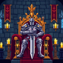 A pixel art depiction of a knight sitting majestically on a grand throne inside a medieval castle