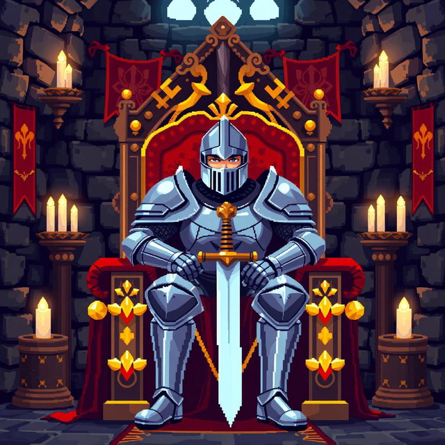A pixel art depiction of a knight sitting majestically on a grand throne inside a medieval castle