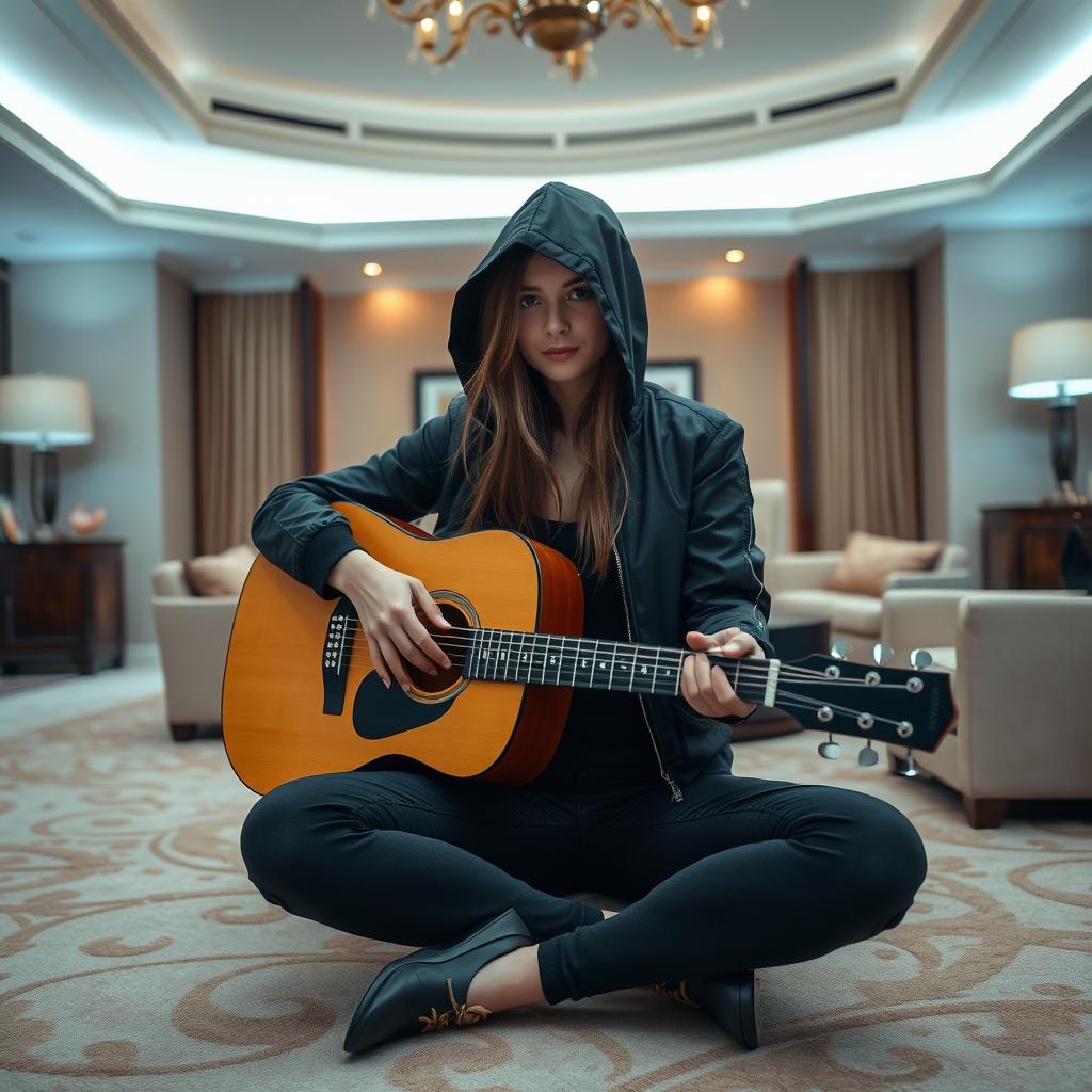 A young woman dressed in a stylish black outfit, featuring black skinny jeans and a black bomber jacket with a hood, is seated in the center of a spacious hotel room