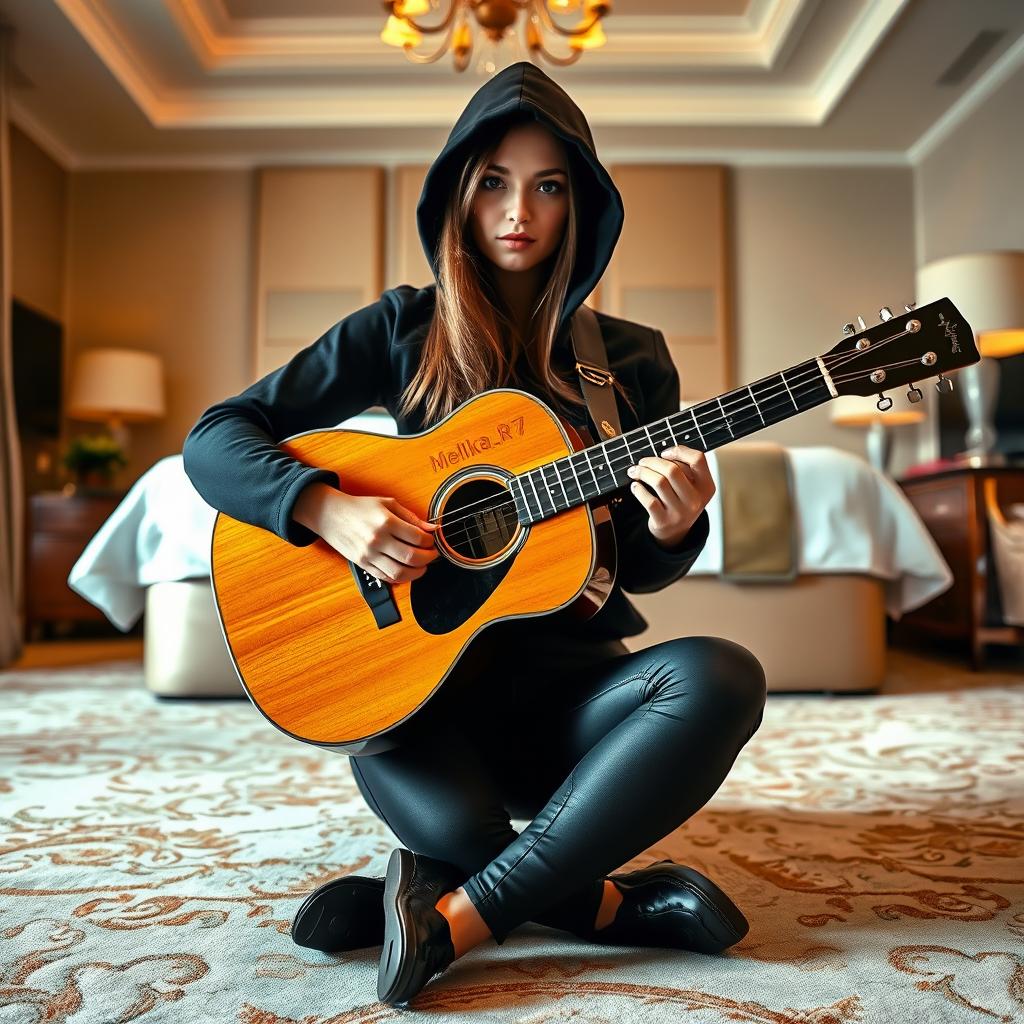 A young woman in a chic black outfit, including black skinny jeans and a sleek black hoodie, is sitting in the center of a spacious hotel room