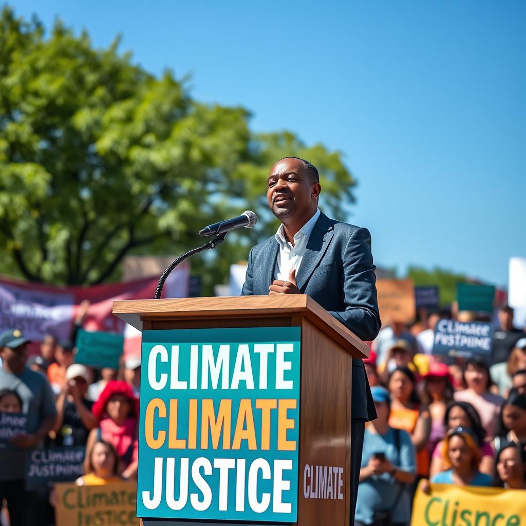 An individual standing confidently at a podium, passionately addressing an audience about climate justice