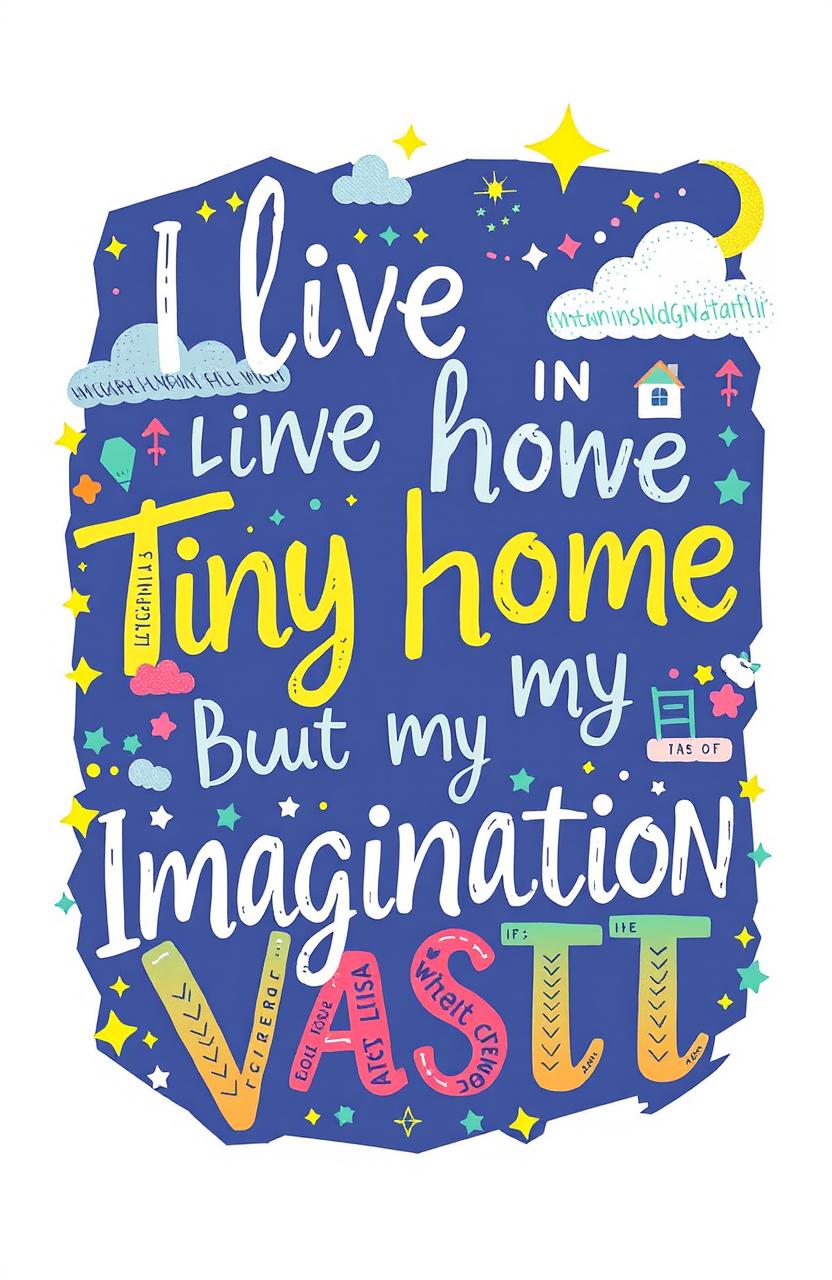 A beautifully designed word art featuring the phrase 'I Live in a Tiny Home, But My Imagination is Vast'