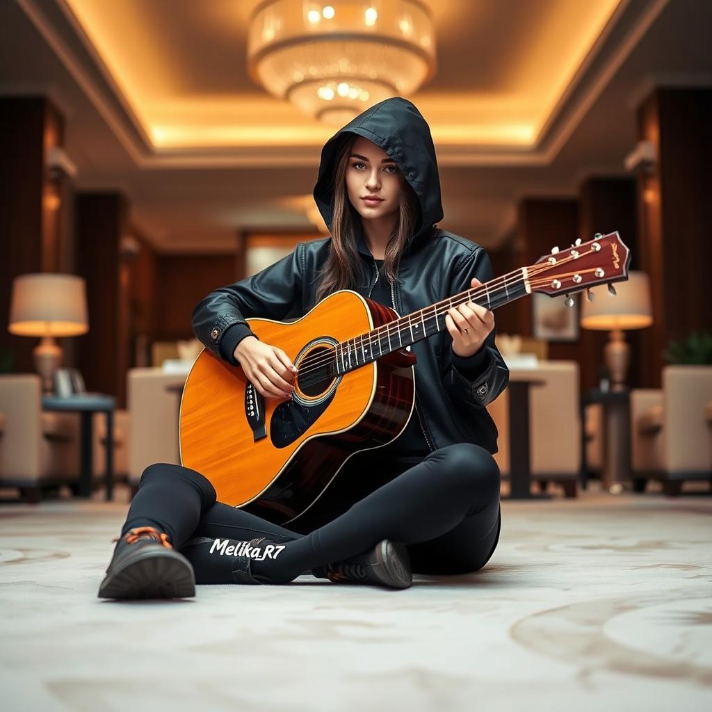 A young woman in a fashionable black outfit, consisting of black skinny jeans and a stylish black bomber jacket with a hood, is seated in the middle of an expansive hotel room