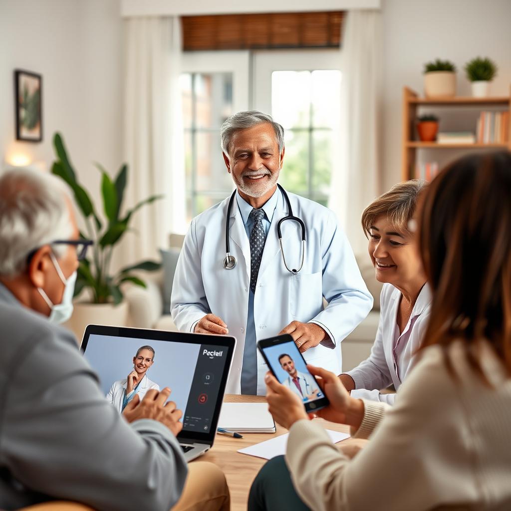 A modern and inviting telemedicine scene featuring a diverse group of patients, including an elderly man and a middle-aged woman, video calling a friendly, professional doctor on their laptops and smartphones