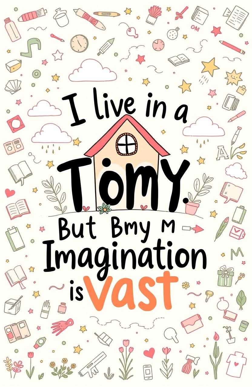A creative and inspirational visual design featuring the words 'I Live in a Tiny Home, But My Imagination is Vast' in a playful and artistic typographic style