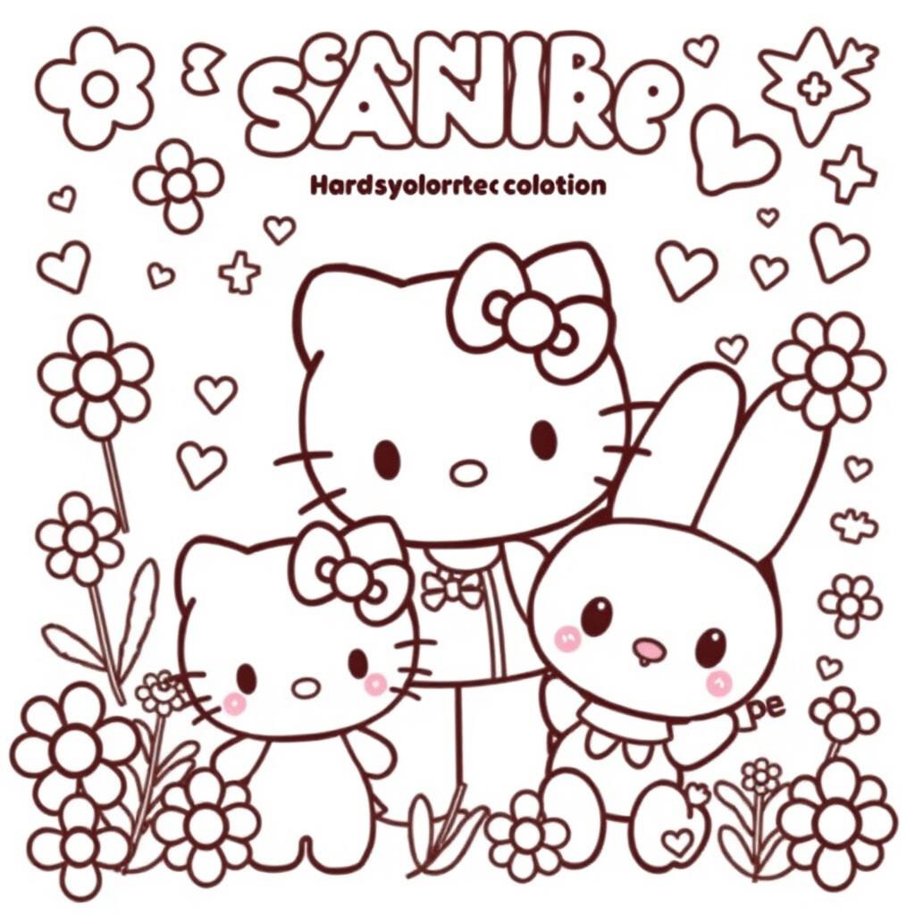 Cute Sanrio character coloring page, featuring beloved characters like Hello Kitty, My Melody, and Cinnamoroll, designed for children, with bold outlines and large spaces for coloring, surrounded by whimsical elements such as flowers, stars, and hearts, providing a joyful and playful atmosphere, in a cartoonish style