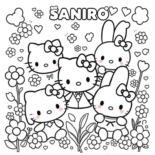 Cute Sanrio character coloring page, featuring beloved characters like Hello Kitty, My Melody, and Cinnamoroll, designed for children, with bold outlines and large spaces for coloring, surrounded by whimsical elements such as flowers, stars, and hearts, providing a joyful and playful atmosphere, in a cartoonish style