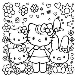 Cute Sanrio character coloring page, featuring beloved characters like Hello Kitty, My Melody, and Cinnamoroll, designed for children, with bold outlines and large spaces for coloring, surrounded by whimsical elements such as flowers, stars, and hearts, providing a joyful and playful atmosphere, in a cartoonish style