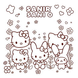 Cute Sanrio character coloring page, featuring beloved characters like Hello Kitty, My Melody, and Cinnamoroll, designed for children, with bold outlines and large spaces for coloring, surrounded by whimsical elements such as flowers, stars, and hearts, providing a joyful and playful atmosphere, in a cartoonish style