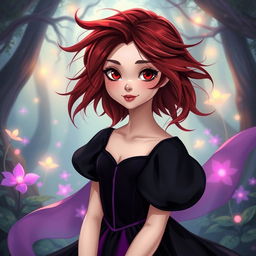 A beautiful princess with fair skin, striking red eyes, and messy hair that is a deep reddish-black
