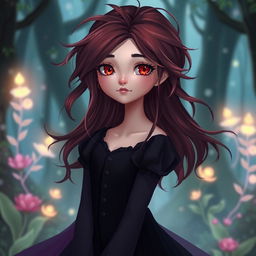 A beautiful princess with fair skin, striking red eyes, and messy hair that is a deep reddish-black
