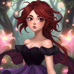 A beautiful princess with fair skin, striking red eyes, and messy hair that is a deep reddish-black