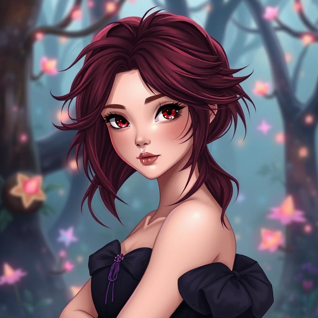 A beautiful princess with fair skin, striking red eyes, and messy hair that is a deep reddish-black