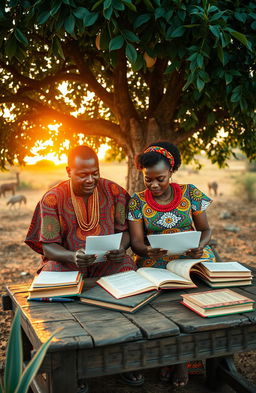 A beautiful African scene showing a man and woman sitting together under a lush tree, deeply engaged in writing letters