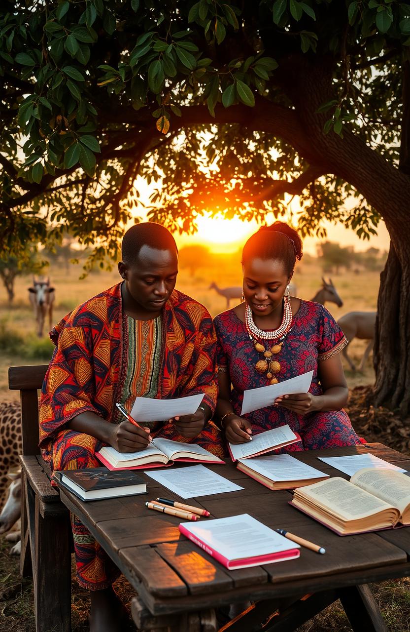 A beautiful African scene showing a man and woman sitting together under a lush tree, deeply engaged in writing letters