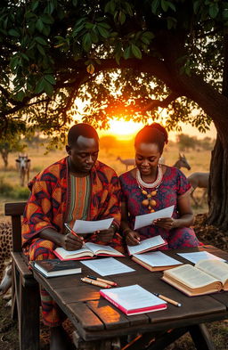 A beautiful African scene showing a man and woman sitting together under a lush tree, deeply engaged in writing letters