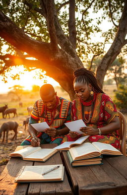 A beautiful African scene showing a man and woman sitting together under a lush tree, deeply engaged in writing letters