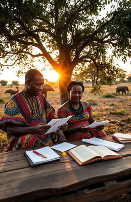 A beautiful African scene showing a man and woman sitting together under a lush tree, deeply engaged in writing letters