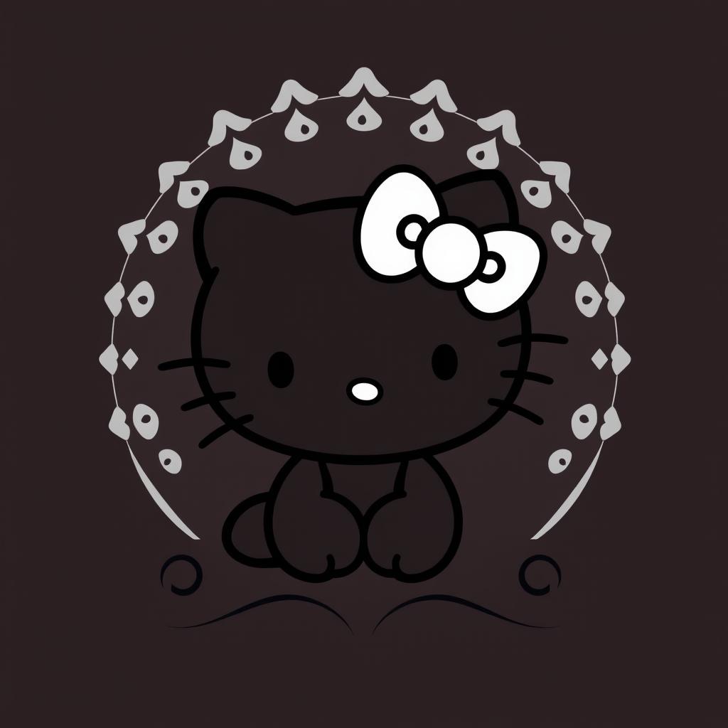 A cute interpretation of Hello Kitty in a stylish black and white design, featuring her iconic bow, whiskers, and simplistic facial features