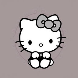 A cute interpretation of Hello Kitty in a stylish black and white design, featuring her iconic bow, whiskers, and simplistic facial features