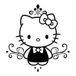 A cute interpretation of Hello Kitty in a stylish black and white design, featuring her iconic bow, whiskers, and simplistic facial features