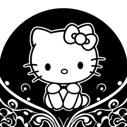 A cute interpretation of Hello Kitty in a stylish black and white design, featuring her iconic bow, whiskers, and simplistic facial features