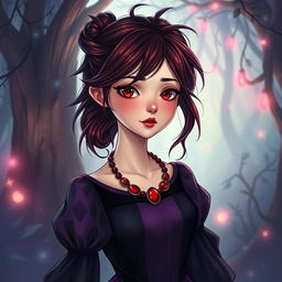 A stunning princess with fair skin, captivating red eyes, and messy hair that has a deep reddish-black hue
