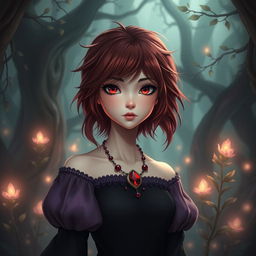 A stunning princess with fair skin, captivating red eyes, and messy hair that has a deep reddish-black hue