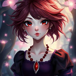 A stunning princess with fair skin, captivating red eyes, and messy hair that has a deep reddish-black hue