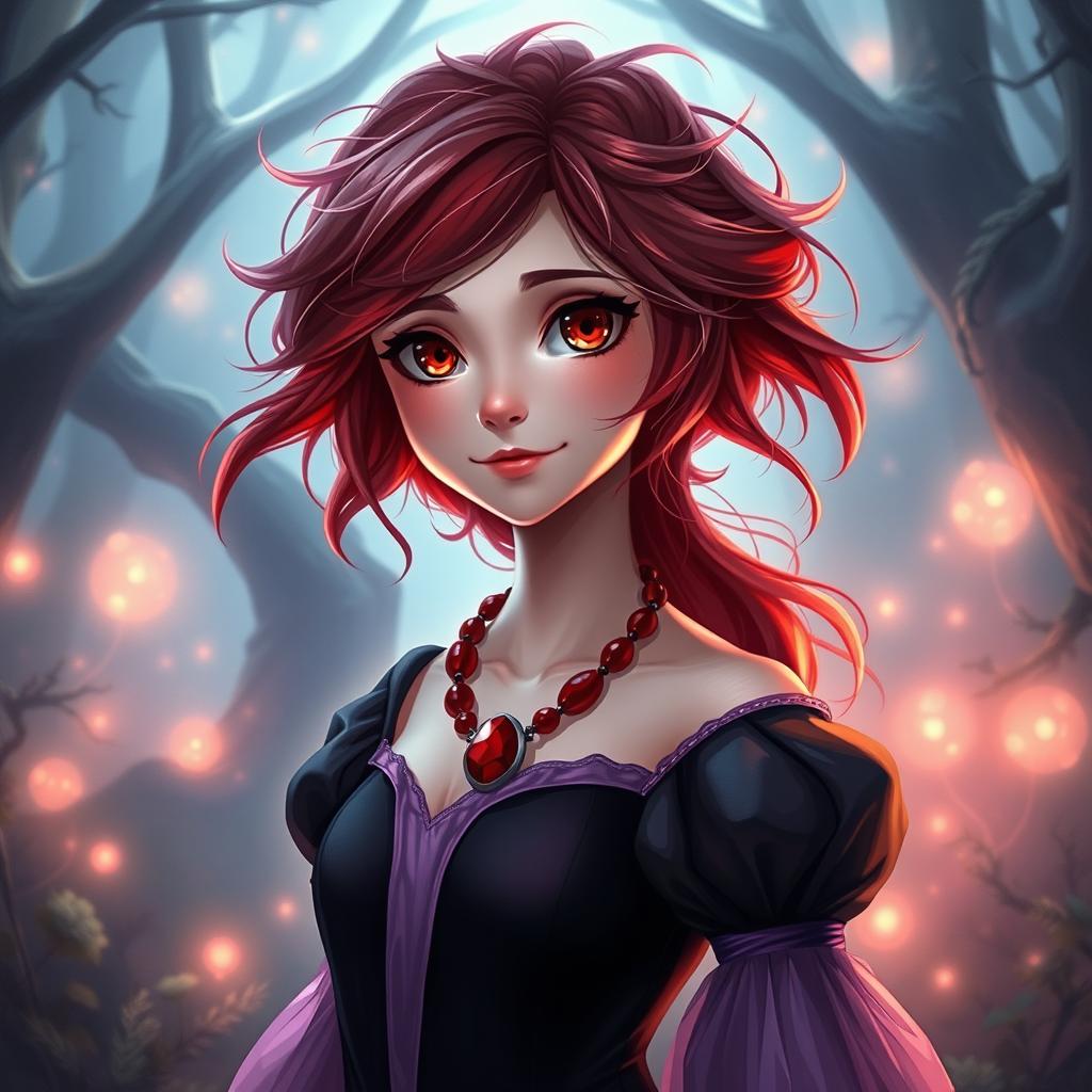 A stunning princess with fair skin, captivating red eyes, and messy hair that has a deep reddish-black hue