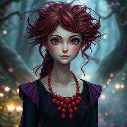 A captivating princess with fair skin, mesmerizing red eyes, and wild, unruly hair that is a rich reddish-black