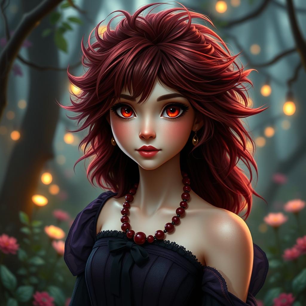 A captivating princess with fair skin, mesmerizing red eyes, and wild, unruly hair that is a rich reddish-black
