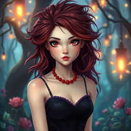 A captivating princess with fair skin, mesmerizing red eyes, and wild, unruly hair that is a rich reddish-black