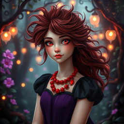 A captivating princess with fair skin, mesmerizing red eyes, and wild, unruly hair that is a rich reddish-black