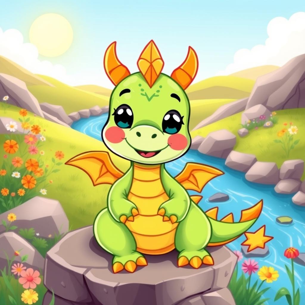 A cute and simple dragon design that is easy to draw, featuring a small, friendly appearance with large round eyes and a playful smile