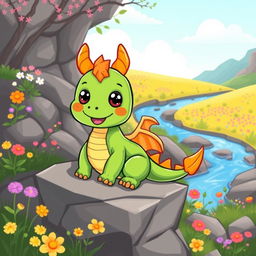 A cute and simple dragon design that is easy to draw, featuring a small, friendly appearance with large round eyes and a playful smile