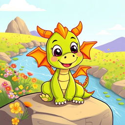 A cute and simple dragon design that is easy to draw, featuring a small, friendly appearance with large round eyes and a playful smile