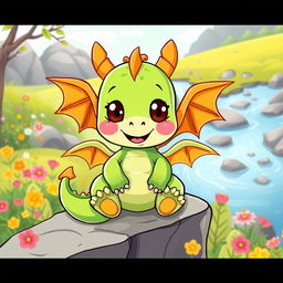 A cute and simple dragon design that is easy to draw, featuring a small, friendly appearance with large round eyes and a playful smile